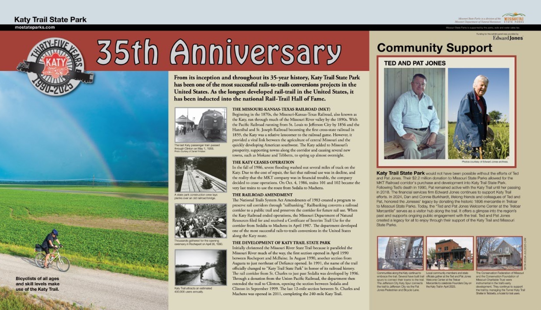 The 35th Anniversary interpretive panel: a rainbow over the trail, columns of railroad history, and a Community Support sidebar on Ted and Pat Jones